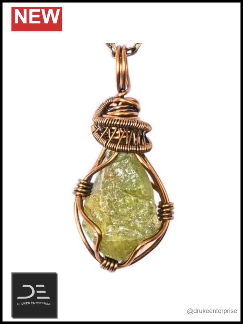 Handmade Raw Peridot Pendant Necklace Antique Bronze Chain 24in August